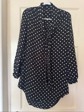 Polka Dot Tie-Neck LONG Blouse - Black/White